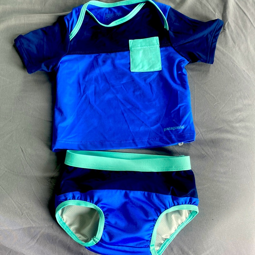 Patagonia blue two piece rash guard infant unisex swim suit 0-3 Mo!